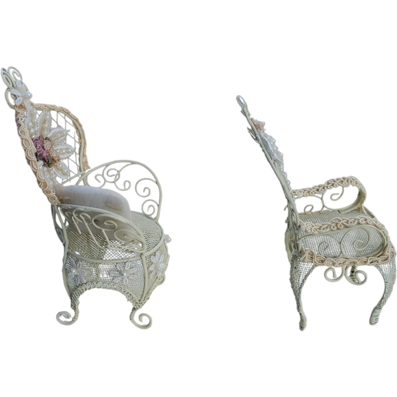 Dollhouse 2 Piece Chairs White Wire Wicker 8 ½ Inches Tall - Picture 2 of 7